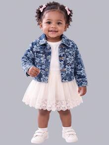 Baby Girl Spring Autumn Floral Print Denim Jacket Denim Top Denim Coat Front Button Long Sleeve Pocket Casual All Season Outdoor Wear - Blue - View 4