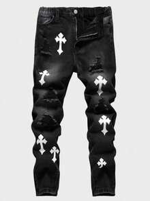 Boys Printed Casual Elastic Waist All Season Denim Jeans - Black - View 1