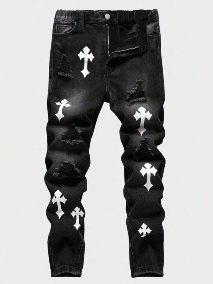 Boys Printed Casual Elastic Waist All Season Denim Jeans - Black - View 1