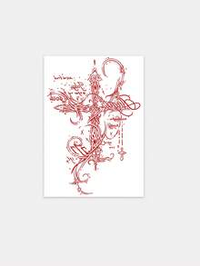 1 Sheet Red Gothic Cross Script Temporary Tattoo Stickers, Ornate Vintage Calligraphy Text Fake Tattoos For Waist Hip, Waterproof Body Art Decals For Women Party Decor - Red - View 2