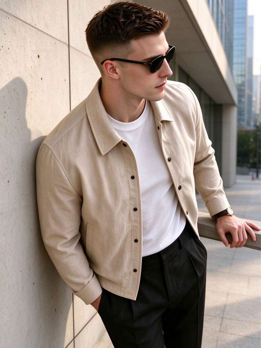 Men's Linen Short Single-Breasted Jacket - Khaki - View 1