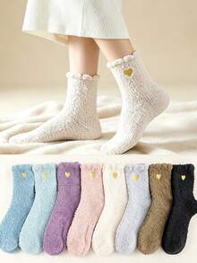 2/5 Pairs Women Heart Embroidery Fuzzy Crew Socks, Soft Cozy Coral Fleece Mid Calf Socks, Warm Fluffy Winter Home Socks Multi Pairs Random - Multicolor - View 1