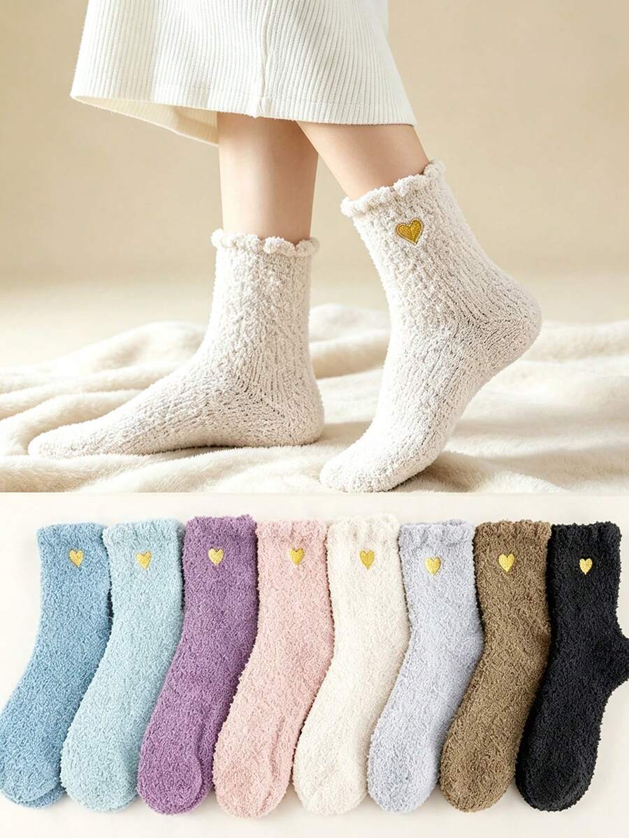 2/5 Pairs Women Heart Embroidery Fuzzy Crew Socks, Soft Cozy Coral Fleece Mid Calf Socks, Warm Fluffy Winter Home Socks Multi Pairs Random - Multicolor - View 1