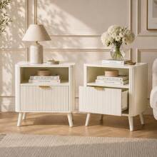 Set Of 2 Bedside Tables, Fluted Bedside Cabinets With Drawer & Open Shelf, Rounded Corner Nightstands With Gold Handles, Raised 4-Leg Solid Wood Base, White - Nightstands+Cream White - View 3