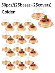 100/50pcs Transparent Plastic Mini Cake Boxes With Lids, Round Cupcake Holders, Egg Tart Containers, Mooncake Dome Boxes, Baking Packaging Boxes, Kitchen Baking Tools, Small Business Supplies - Gold - View 12