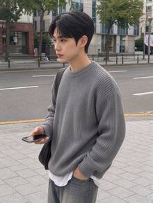 Men's Autumn/Winter Basic Solid Color Casual Fitted Lightweight Sheer Polyester Pique Texture Niche Design Long Sleeve Drop Shoulder Crew Neck Pullover Sweater - Grey - View 2