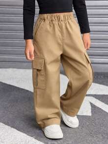 1pc Girls' Versatile Casual Sports Outdoor Loose Fit Pants, Fashionable For Daily Wear - Khaki - View 5