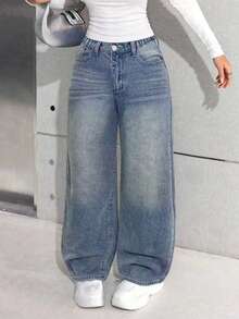 Tween Girl Y2K Casual Basic Loose Blue Jeans - Blue - View 1