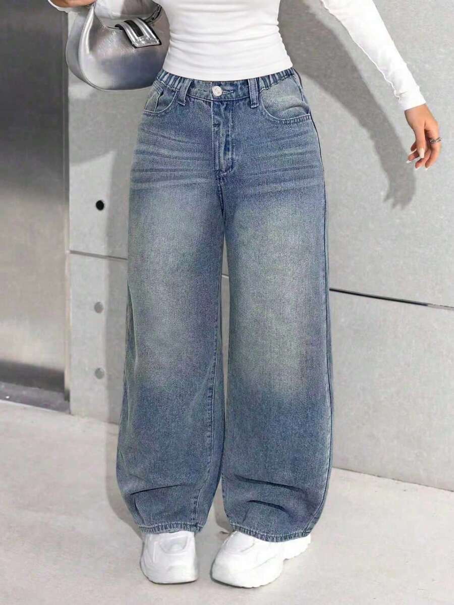 Tween Girl Y2K Casual Basic Loose Blue Jeans - Blue - View 1