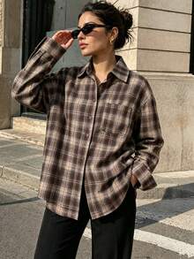 Women's Autumn Brushed Plaid Front Button Pocket Home Shirt - Brown - View 10