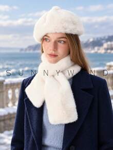 1 Set Women's Solid Color Faux Fur Sweet Casual Versatile Elegant Polyester Faux Fur Beret Hat & Scarf, Autumn/Winter Daily Wear - Milky White - View 4