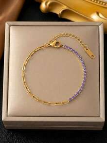 RAYQUEEN 5pcs Stainless Steel Fashion Versatile Multi-Color Zirconia Chain Spliced Layered Bracelets For Women, Suitable For Daily Wear And Gift Giving - Bracelet - View 10