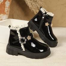 Girls' Lace Trim Shiny Princess Boots With Snowflake Rhinestone Thick Sole Ankle Boots - Black - View 5