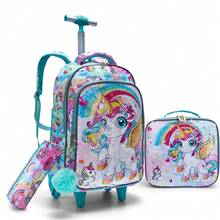 3PCS Kids Wheeled Travel Bag, Double-Sided Green Cartoon Unicorn Sequins Design Bookbag For Students, With Handbag And Pen Bag, Nighttime Reflective. - Green - View 2