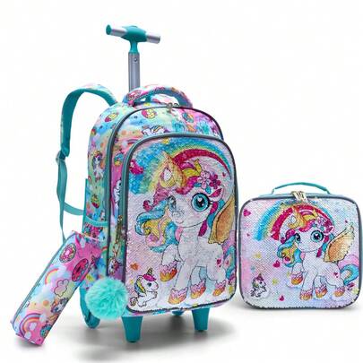 3 Buah Tas Travel Beroda untuk Anak-Anak, Tas Buku Dua Sisi Motif Kartun Unicorn Hijau dengan Payet untuk Pelajar, Dilengkapi Tas Tangan dan Tempat Pena, Reflektif untuk Malam Hari.