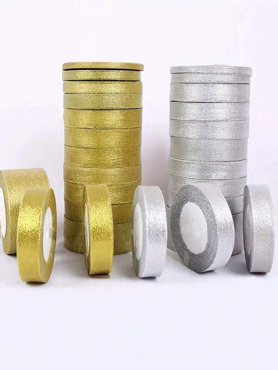 1 Roll Gold Glitter Ribbon, Polyester Gift Wrapping Ribbon, DIY Handmade Clothing Home Decor Bows, Suitable For New Year, Birthday, Mother's Day, Valentine's Day, Graduation, Anniversary Party Decoration, Gift Boxes, Flowers - Multi-color - View 1