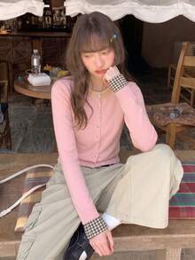 Women's Autumn/Winter New Patchwork Knit Cardigan Elegant Youthful Top - Pink - View 3