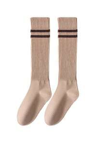 1 Pair Women's Double Stripe Ribbed Knee-High Socks, Preppy Style Autumn/Winter Versatile Knit Socks, Match With Short Skirts And Boots - Multicolor - View 5