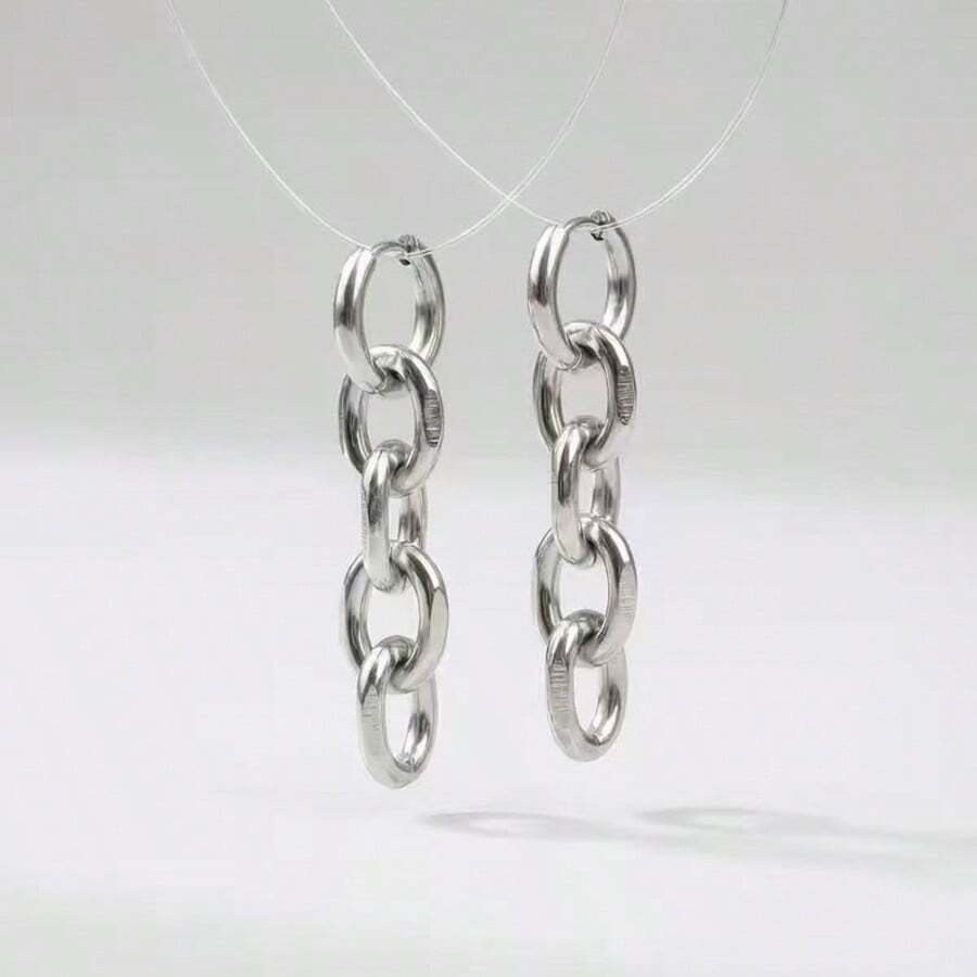 Y2K Gothic Style Stainless Steel Chain Pendant Earrings - Unisex, Perfect Accessory For Casual Outfits, Also A Unique Gift - Steel - View 1
