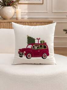 1pc Christmas Tree Embroidered Pillow Case, Christmas Red Flag Car & Reindeer Pillow Cover, Suitable For Indoor Decoration, Christmas Decor, All-Season Pillow Case, Without Insert - Multicolor - View 2