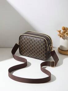Women's Casual Commuter Crossbody Bag, 4 Zipper Design, Solid Color With Fashionable Letter Pattern, Comfortable Touch, Handheld/Shoulder, Large Capacity, Suitable For Travel, Shopping, Commuting - Coffee - View 5