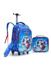 3pcs/Set Kids Rolling Travel Bag, Sky Blue Cartoon Soccer Pattern Student Backpack, Includes Tote Bag And Pencil Case, Reflective At Night - Blue - View 3
