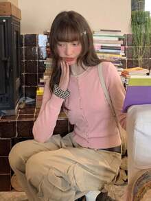 Women's Autumn/Winter New Patchwork Knit Cardigan Elegant Youthful Top - Pink - View 4