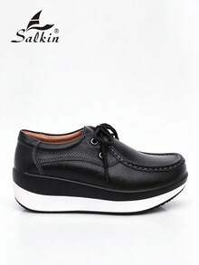 Salkin 新款时尚女士厚底运动鞋，纯色系带休闲鞋，柔软舒适透气鞋面，防滑外底，适合户外，适合春秋季节 - 黑色 - 查看 3