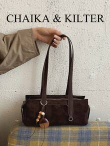 1pc Minimalist Fashion Suede Fabric Shoulder Bag Suitable For Commuting, Shopping, Etc. (With Pendant) - Coffee - View 12