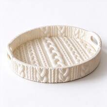 3D Printed Round Tray With Handle, Faux Knit Texture, Cream Style Desktop Aromatherapy Jewelry Storage Dish, INS Style Vanity Entryway Organizer, Home Decor Decorative Ornament - White - View 8