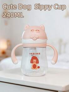 1個 240ML 卡通吸管杯 兒童用，可愛嬰兒防嗆奶學習杯，360°飲水，Tritan 防漏耐用，附手把與刻度，適合日常使用 - 粉色汪汪杯 - 查看 1