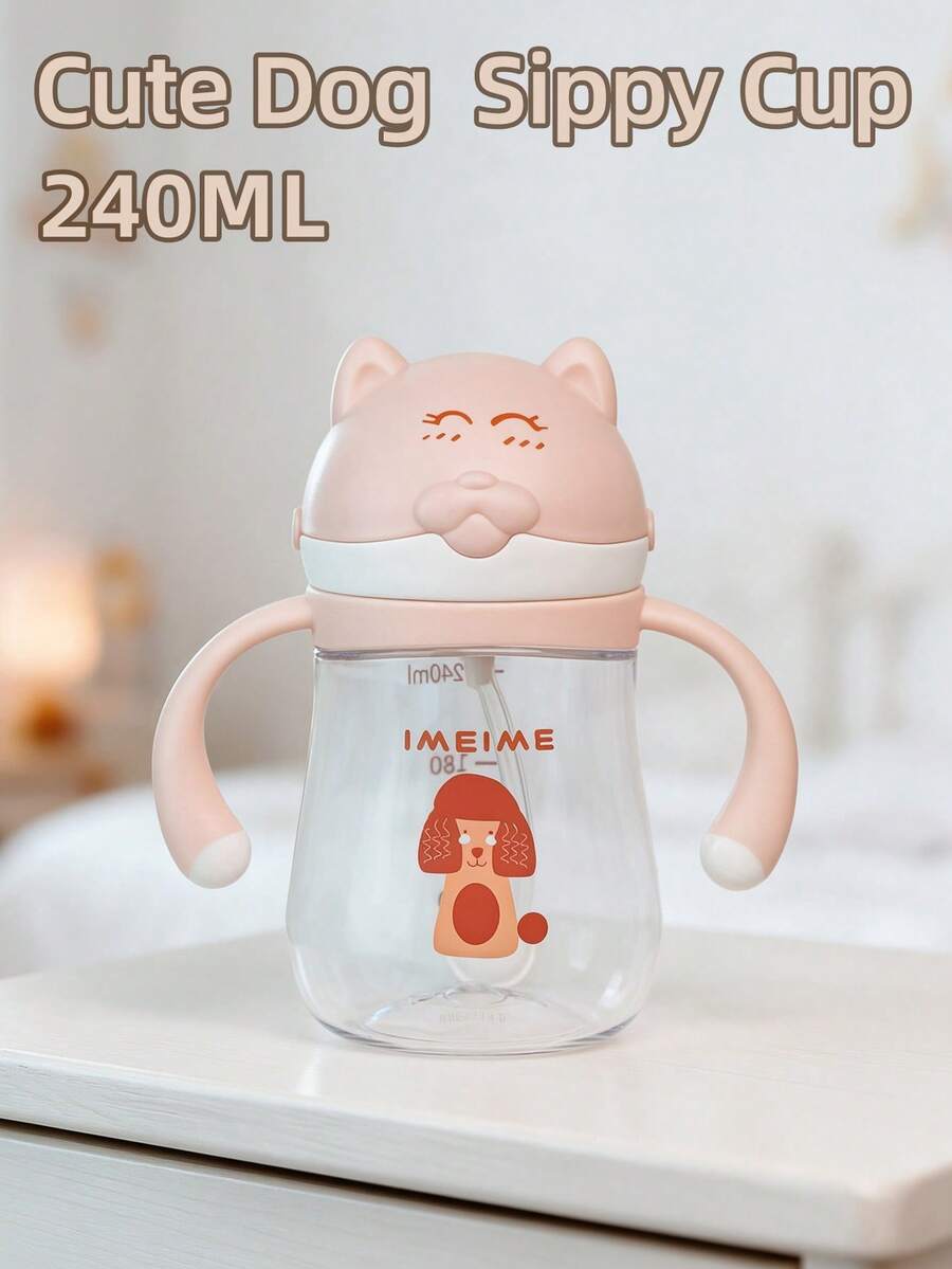 1個 240ML 卡通吸管杯 兒童用，可愛嬰兒防嗆奶學習杯，360°飲水，Tritan 防漏耐用，附手把與刻度，適合日常使用 - 粉色汪汪杯 - 查看 1