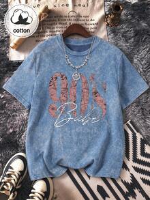 Plus Size Women's Vintage Print T-Shirt - Vintage Letter Graphic Casual Short Sleeve Crew Neck Washed Top Summer - Royal Blue - View 8
