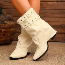 Women's Ankle Boots, Ruched Folded Western Style Boots, Pointed Toe Mid-Thick Heel, Double Metal Buckle Strap Design, Solid Color Fashion Boots, Autumn/Winter Daily Party Footwear - White - View 3