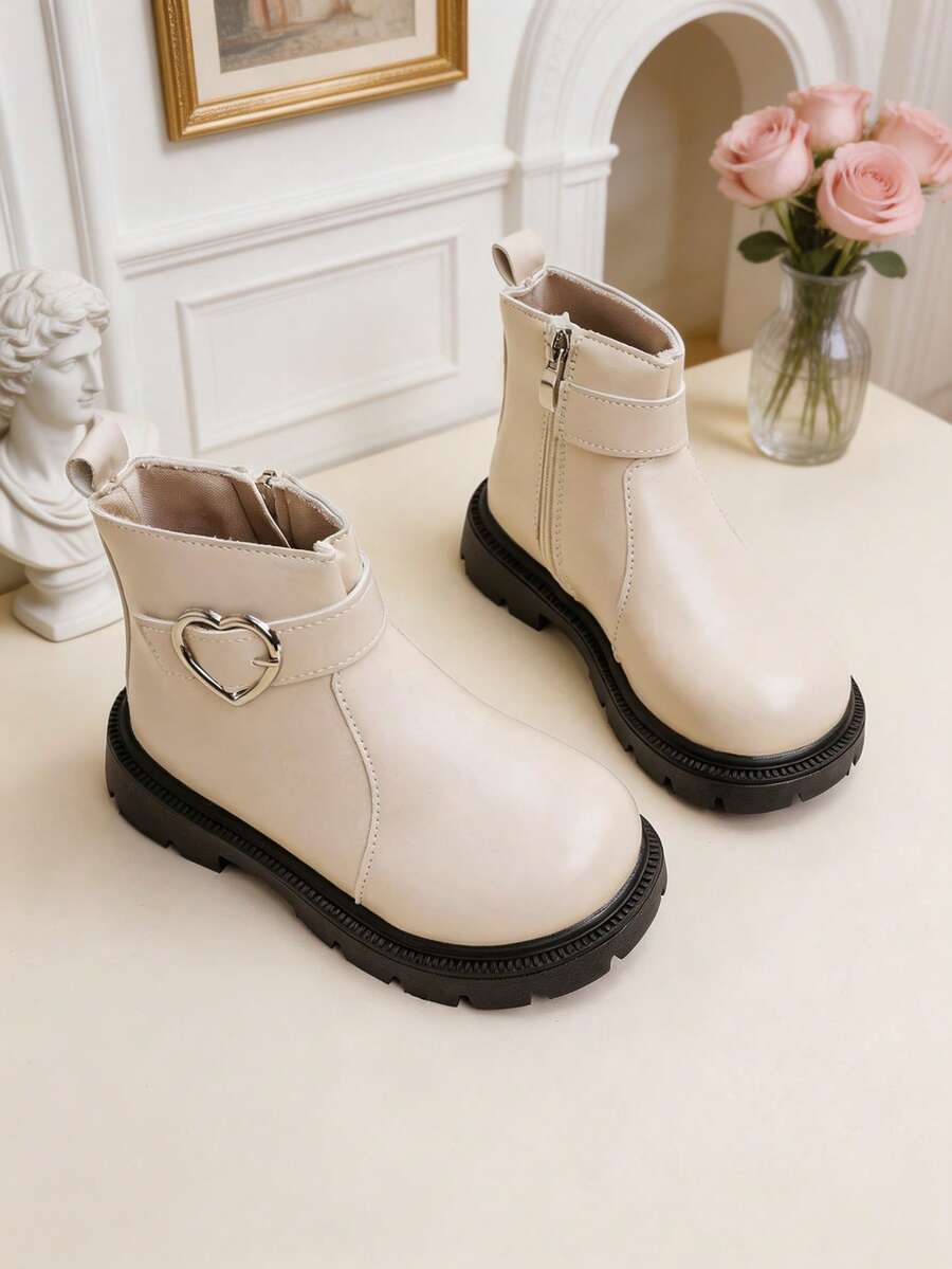1 Pair Kids Heart Metal Buckle Decor Ankle Boots With Side Zipper Design, Suitable For School Daily Wear, Outdoor Outings, School Commuting, Autumn/Winter - Beige - View 1