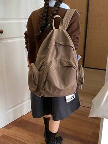 Simple Black Rucksack + Lightweight & Wear Resistant + College Weekend Travel + Smooth Fabric Basic Backpack - Multicolor - View 1
