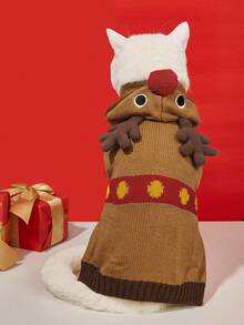 1pc Brown Christmas Antler Hat Red Pom Pom Warm Knitted Cat/Teddy Dog Sweater, Autumn/Winter - Multicolor - View 4