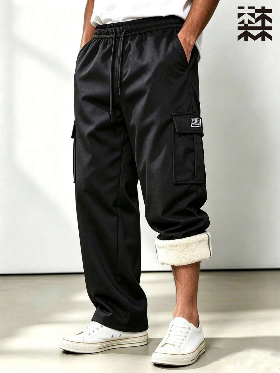 Mulinsen Men's Fleece Lined Cargo Pants, Winter Thickened Warm Straight Leg Multi-Pocket Drawstring Elastic Waist Casual Long Pants - Black - View 1