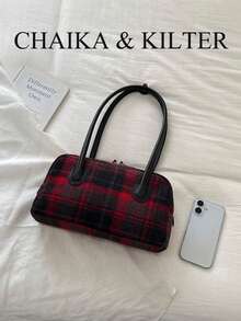 CHAIKA & KILTER 1件裝純色麂皮布料女款復古時尚啞光保齡球包，對比色絎縫縫線、雙手柄設計、拉鍊開合，適合日常與街頭使用 - 紅色 - 查看 4