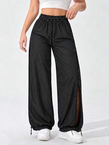 Women's High Waist Drawstring Wide Leg Training Pants With Side Zip Mesh Panels And Adjustable Hems For Gym Workout - Black - View 8