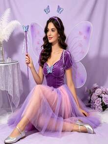 3pcs Cute Polyester Angel Butterfly Wings Set, Includes Headband And Magic Wand, Suitable For Party Supplies, Stage Performance Props, Cosplay Costume Accessories, Perfect For Dance, Halloween And Other Occasions - Multicolor - View 5