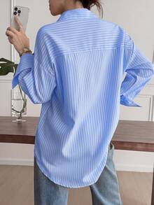 Vellofy Women's Autumn/Winter Blue Striped Button-Down Collar Long Sleeve Loose Shirt With Pockets, Suitable For Home Leisure, Daily Dating, Gatherings - Sky Blue - View 5