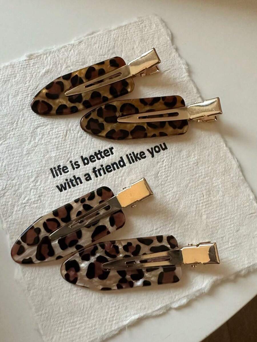 2pcs Leopard Print Acetate Hair Clips, Metal Crocodile Clips, Vintage Tortoise Shell Style, Bangs Clips, Suitable For Daily Styling And Party - Multicolor - View 1