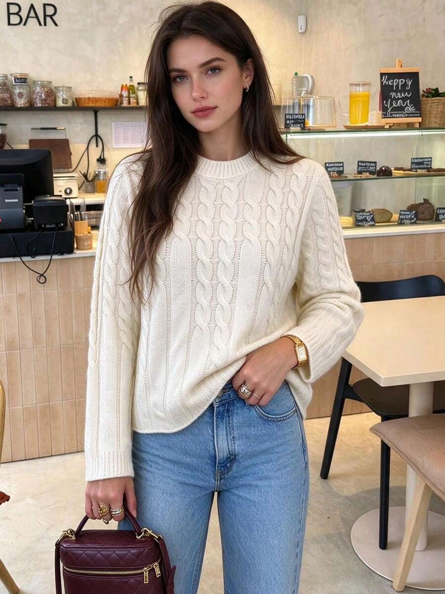 Just Masa Fall Clothes For Women,Cable-Knit Flared Sleeve Sweater Pullover,Loose Solid Color Round Neck Rib-Knit Top,For Daily Wear,Going Out,Commute - Light Apricot - View 1