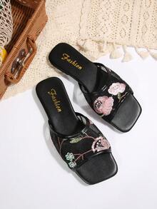Women's Black Mesh Floral Embroidered Square Toe Flat Slip-On Sandals, Non-Slip Everyday Wear - Black - View 14