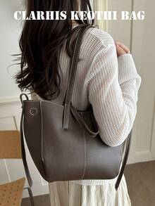 Minimalist Patchwork Tote Bag, Pure Stitching Design, Delicate Texture. Soft Shape, Large Capacity, Easily Store Personal Items. Wide Strap Design Reduces Burden, Beautiful For Shoulder Or Underarm Carry, Versatile For Multiple Outfits, Commuting, Shopping, Daily Outings, Easily Create A Korean Gentle Atmosphere - Coffee Brown - View 7