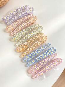 12pcs Women's Minimalist Transparent Long Alligator Hair Clips, Student Daily Hair Styling Clips, Fresh Floral Long Strip Side Clips, Girl's Bangs And Loose Hair Clips - Multicolor - View 7