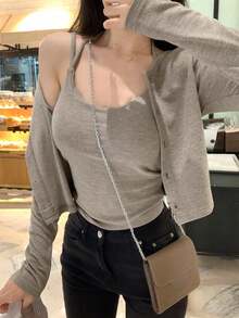 Vintage Soft Style Knit Short Cardigan & Camisole Set For Women - Khaki - View 2