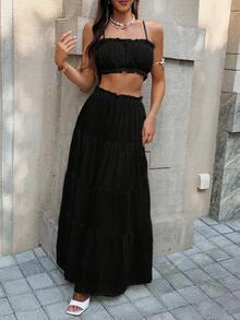 Vellofy Women's Autumn/Winter Black Ruffle Camisole Top + Layered Long Skirt Two Pieces Set, Elastic Waistband, Casual Home Daily Date Party Outfit - Black - View 3