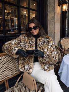 Women Fall Elegant Casual Vintage Leopard Print Faux Fur Long Sleeve Short Jacket For Daily Going Out Vacation Party - Brown - View 2
